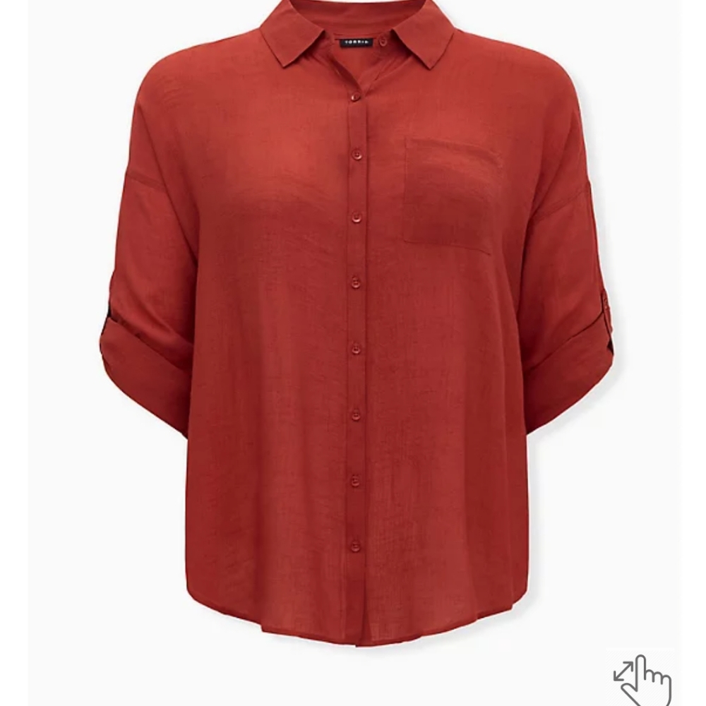 TORRID RED TERRACOTTA GAUZE BUTTON FRONT RELAXED FIT TUNIC SHIRT